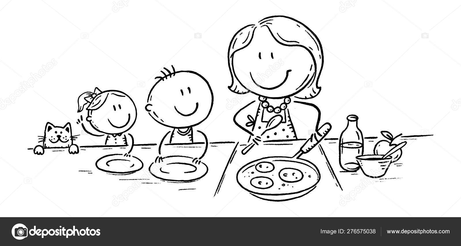 Image vectorielle Les enfants attendent des crêpes mère cuisine, dessin  doodle par ©Katerina_Dav - 276575038, image size:1600x853