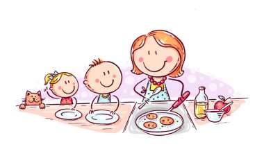 Çocuklar krep bekliyor anne yemek yapıyor, karalama çizimi