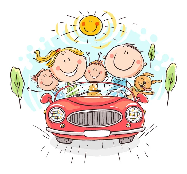 Familia feliz viajando en coche, viaje de vacaciones — Archivo Imágenes Vectoriales