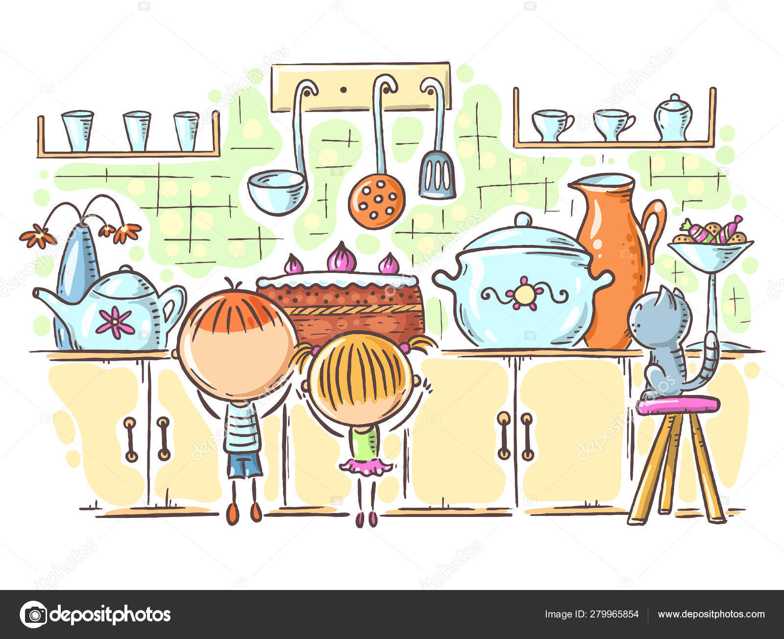 Kids are attracted by the cake in the kitchen, cartoon drawing Stock Vector  by ©Katerina_Dav 279965854, image size:1600x1304