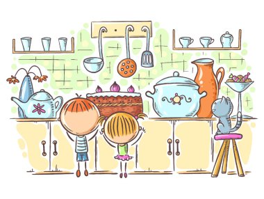 Çocuklar mutfakta pasta tarafından çekilir, karikatür çizim