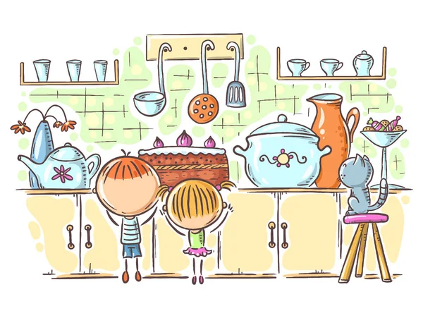 Los niños se sienten atraídos por el pastel en la cocina, dibujo de dibujos animados — Vector de stock