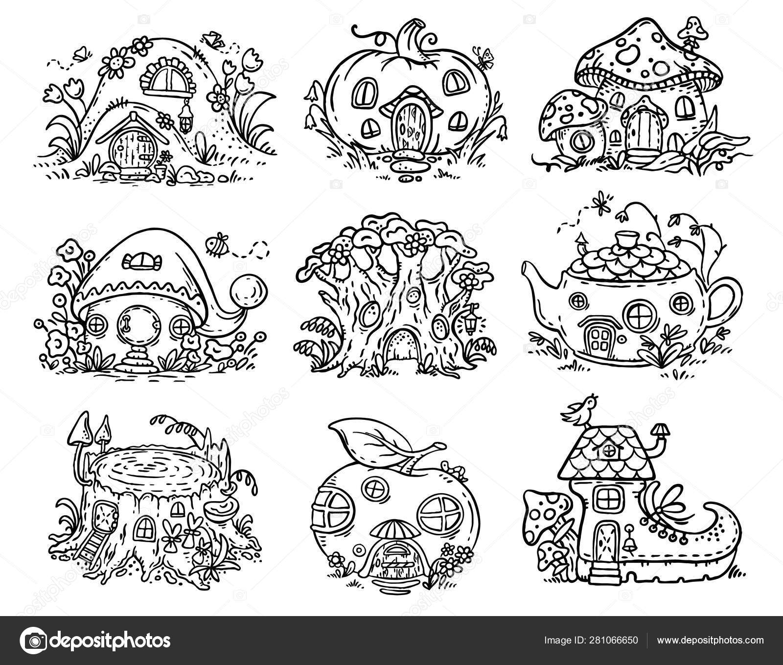 Download Cute Cartoon Elven Fairy Or Gnome Houses In The Form Of Pumpkin Tree Teapot Boot Apple Mushroom Stump Vector Image By C Katerina Dav Vector Stock 281066650