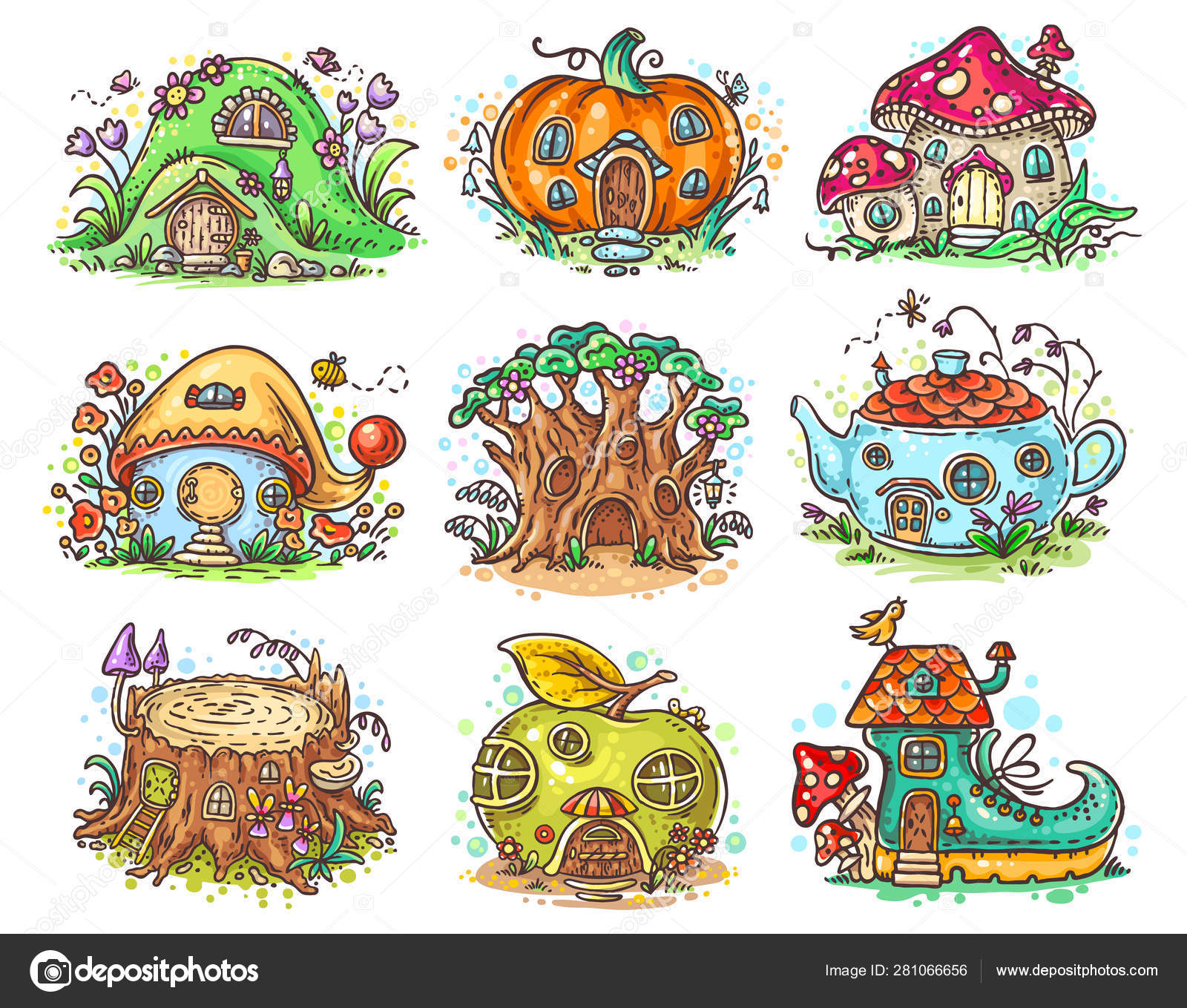Sød tegneserie fe eller gnome huse i form af græskar, træ, tekande, støvle, æble, svamp, stub — Stock-vektor ©Katerina_Dav 281066656