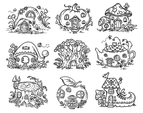 Lindas casas de dibujos animados elfos, hadas o gnomos en forma de calabaza, árbol, tetera, bota, manzana, champiñón, tocón — Vector de stock