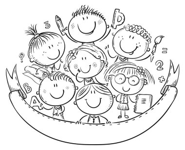 Bir kopya alanı, siyah beyaz karikatür illüstrasyon ile Mutlu öğrenciler