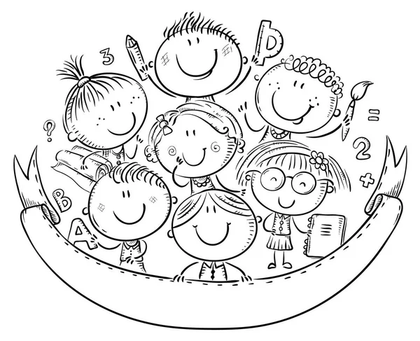 Happy school kids with a copy space, black and white cartoon illustration - Stok Vektor