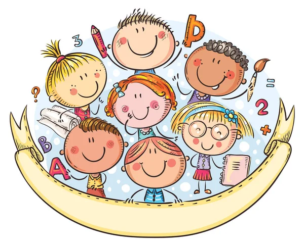 Happy schoolkids with a copy space, cartoon illustration - Stok Vektor