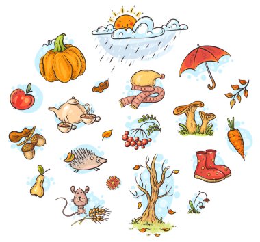 Sonbahar clipart seti, karikatür vektör illüstrasyon, elle çizilmiş