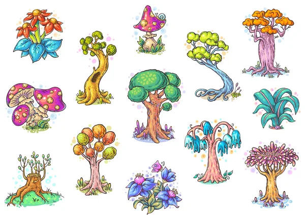 Farklı ağaçlar kümesi, renkli vektör illüstrasyonu — Stok Vektör