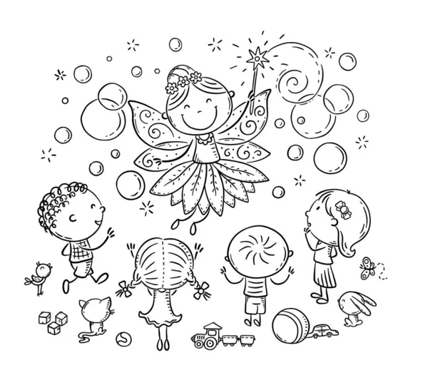 Fairy at the kids birthday party, coloring page — Stock Vector