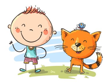 Kedisiyle dışarıda vakit geçiren mutlu çocuk, vektör karikatürü.