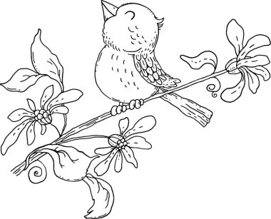 Çiçekli bir daldaki kuş, çiçek tasarımı, boyama sayfası