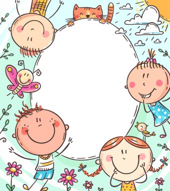 Tasarımınız için bir kopya alanı olan mutlu karalama çocuklarıyla oval çerçeve, vektör çizimi