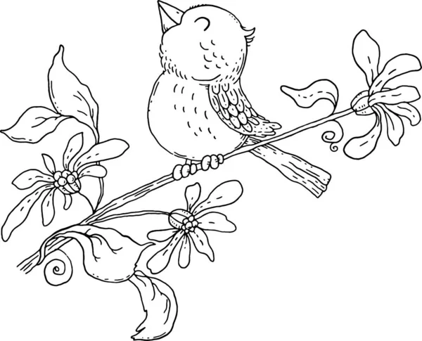 Птах на гілці з квітами, квітковий дизайн, розмальовка сторінка — стоковий вектор