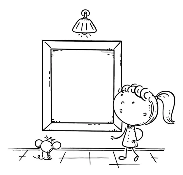 Little girl looking at the picture frame with a copy space for your design, outline vector illustration — Stock Vector