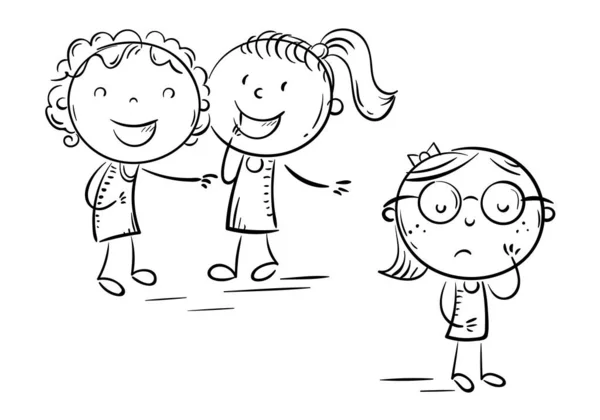 Dzieci śmiejące się i wskazujące na nieśmiałą dziewczynę w okularach, szkolne znęcanie się, zarys rysunku doodle — Wektor stockowy