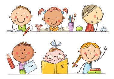 Sınıftaki çizgi film çocukları masalarında oturuyorlar.