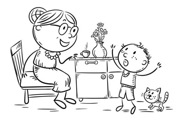 Niño emocionalmente hablando con su abuela, abuela y niño, esbozar ilustración vectorial — Vector de stock