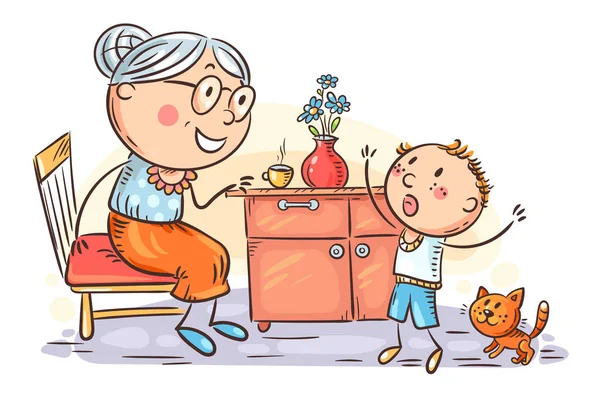 Kind emotioneel spreken met zijn oma, grootmoeder en kind, cartoon illustratie — Stockvector