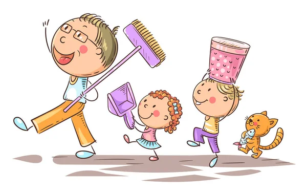 Szczęśliwy ojciec i dzieci do prac domowych, dzieci pomagające rodzicom — Wektor stockowy
