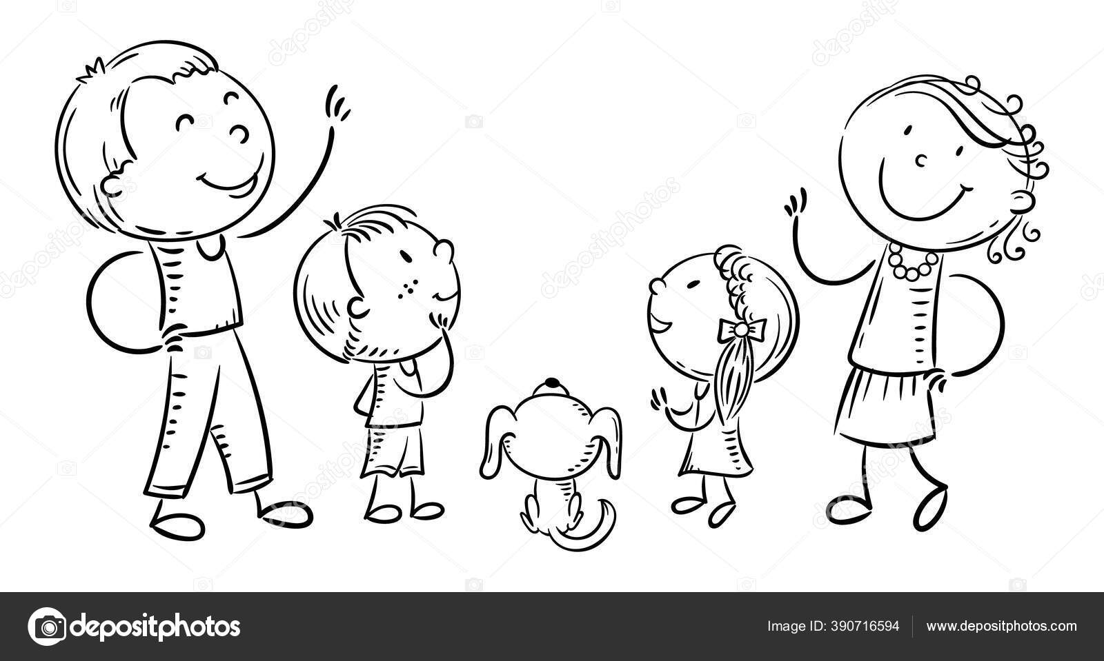 Família com dois filhos e um cachorro olhando para cima, espaço de cópia  para o seu design Vetor de ©Katerina_Dav 390716594, image size:1600x959