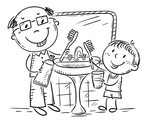 Отец или дедушка показывает ребенку, как правильно чистить зубы — стоковый вектор