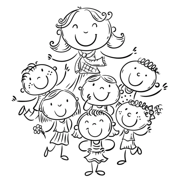 Happy schoolkids com seu professor, escola ou jardim de infância ilustração — Vetor de Stock