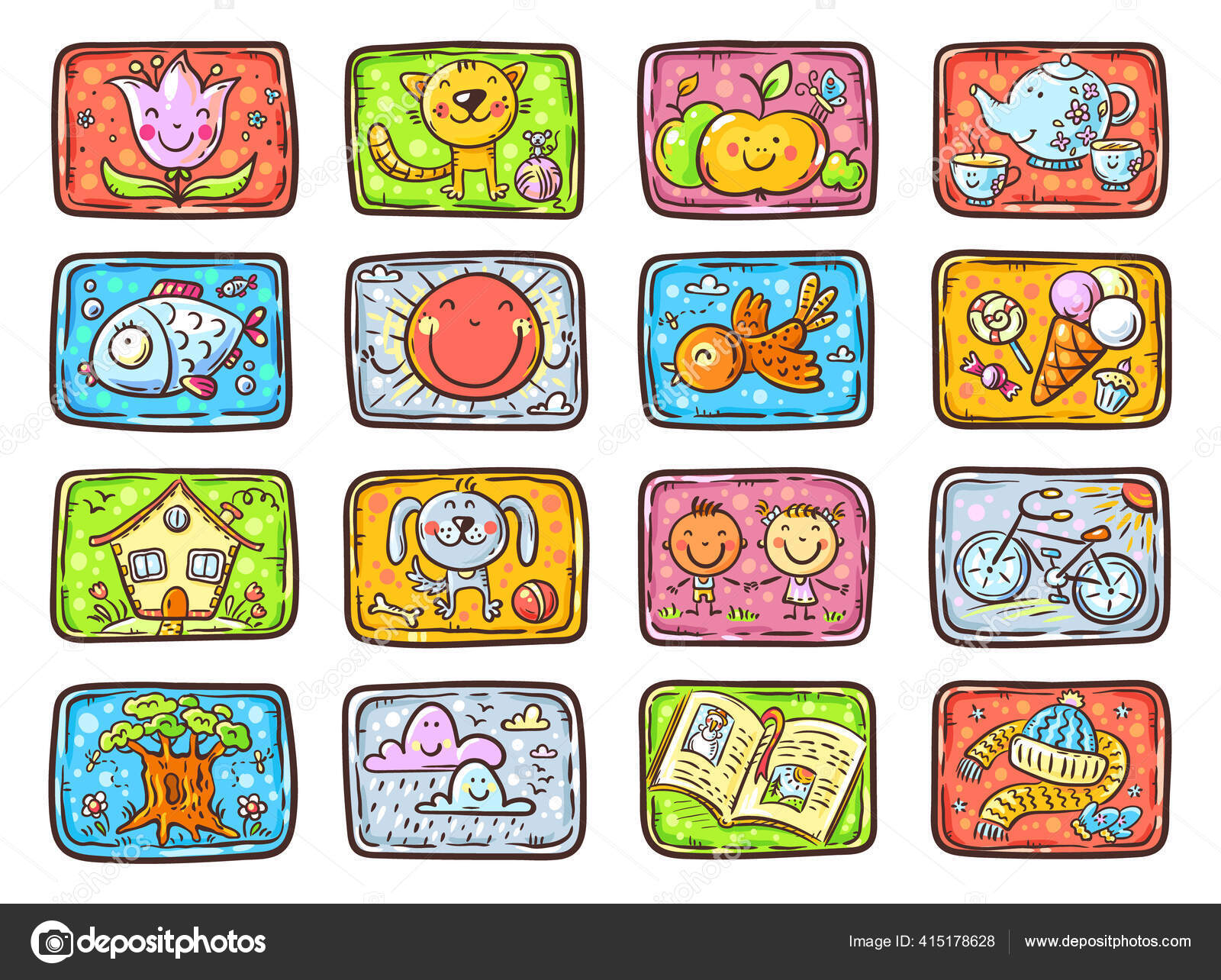 Memory Game for Preschool Children, Vector Cards with Cartoon