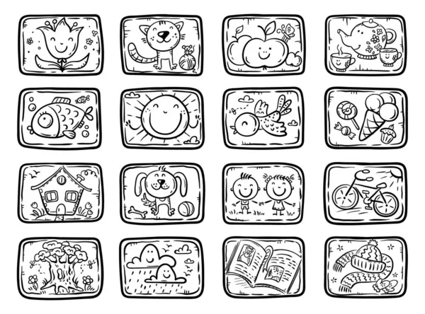 Tarjetas coloridas con diferentes objetos y animales para algún juego o tarea para niños, ilustración vectorial en blanco y negro — Vector de stock