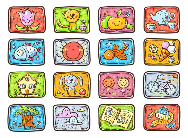 Tarjetas coloridas con diferentes objetos y animales para algún juego o tarea para niños — Vector de stock