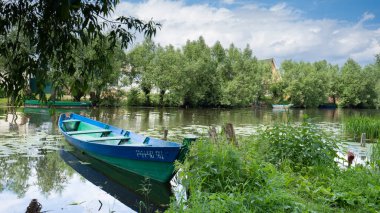 Ağaçların arasında, nehirde tahta bir tekne