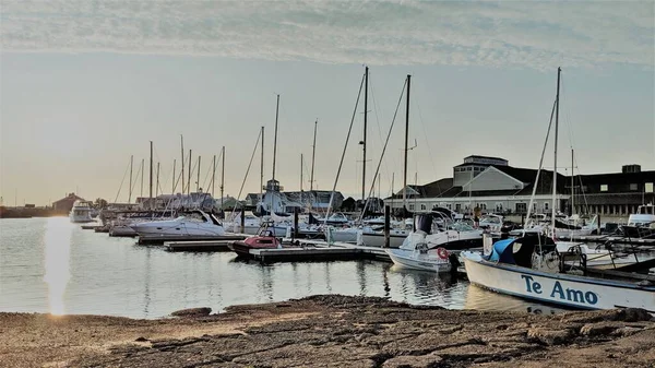 Beautiful Summer Evening Prince Edward Island Sun Sets Docked Boats — Stock Photo, Image