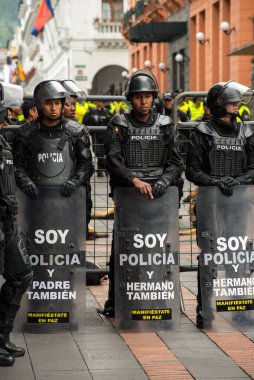 2015 İşçi Bayramı yürüyüşlerinde Quito şehrini çevik kuvvet mensupları koruyor.