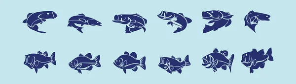 様々なモデルの低音魚漫画のアイコンデザインテンプレートのセット 青い背景のベクトル図は — ストックベクタ