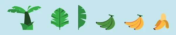 一套带有叶子的香蕉和各种型号的树形卡通图标设计模板 在蓝色背景上孤立的向量图 — 图库矢量图片