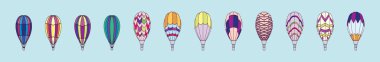 Bir dizi sıcak hava balonu modern karikatür tasarım şablonu ve çeşitli modeller. Mavi arkaplanda izole edilmiş vektör illüstrasyonu