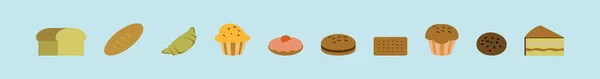 一套面包店卡通图标设计模板与各种型号 在蓝色背景上孤立的向量图 — 图库矢量图片
