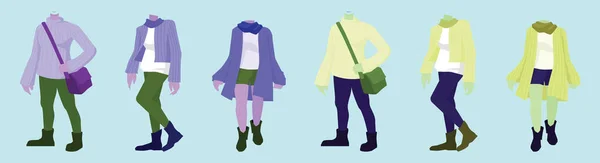 様々なモデルと秋のファッション漫画のアイコンデザインテンプレートのセット 青い背景のベクトル図は — ストックベクタ