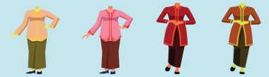 set of cute kebaya traditional fashion from indonesia. cartoon icon design template with various models. vector illustration clipart