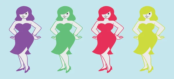 一套不同型号的妇女卡通人物设计模板 在蓝色背景上孤立的向量图 — 图库矢量图片
