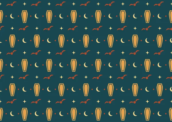 Halloween seamless pattern design with seasonal festive element design, autumn seasonal blue or teal background with coffin, star, moon and bat