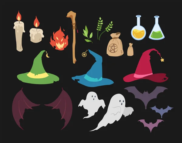 Heks Spookachtige Geest Halloween Items Ingesteld Hekserij Herfst Seizoen Schattig — Stockvector