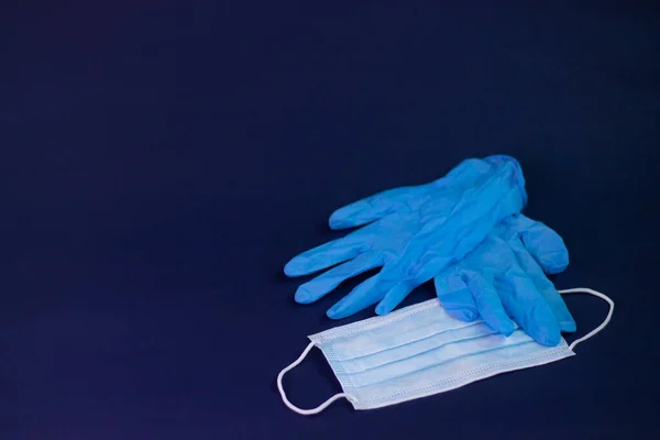 Blue Medical Gloves Mask Dark Blue Background Medicine Health Coronavirus — Stock Photo, Image