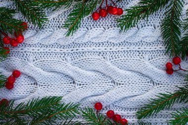 Noel ağacının dalları ve beyaz örülmüş süveter arka planında kırmızı böğürtlen. Üst Manzara. Boşluğu kopyala