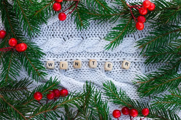 Treterninger med bokstaver Vinter med greiner av juletre og røde bær på hvit, strikket bakgrunn. Sett ovenfra. – stockfoto