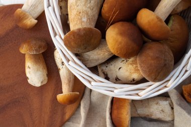 Boletus mantarlı beyaz hasır sepet. Üst görünüm