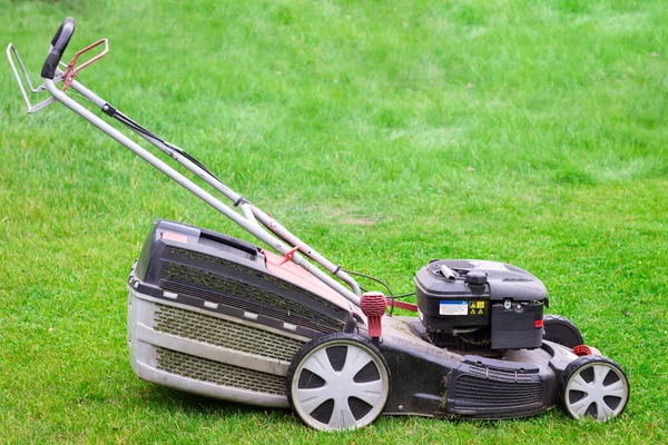Gasoline Lawn Mower Black Red Grass Container Standing Green Grass — Stock Photo, Image