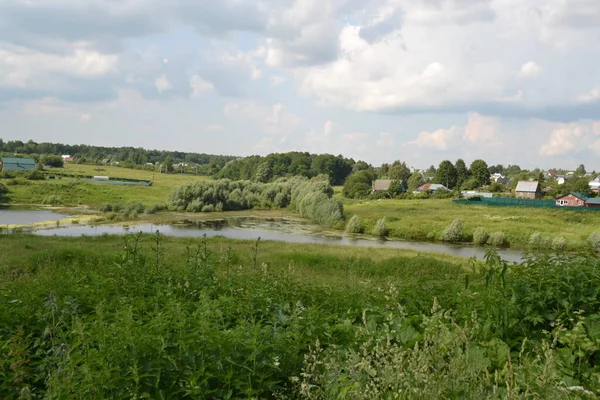 Vacker Ett Fält Lugn Solig Sommardag Blå Himmel Och Moln — Stockfoto