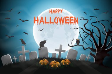 Cadılar Bayramı arka planında mezarlık, balkabağı ve ay var.